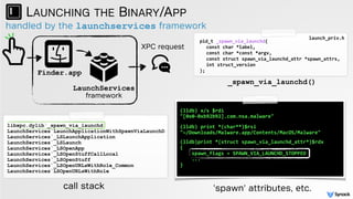handled by the launchservices framework
LAUNCHING THE BINARY/APP
Finder.app
LaunchServices
framework
libxpc.dylib`_spawn_via_launchd
LaunchServices`LaunchApplicationWithSpawnViaLaunchD
LaunchServices`_LSLaunchApplication
LaunchServices`_LSLaunch
LaunchServices`_LSOpenApp
LaunchServices`_LSOpenStuffCallLocal
LaunchServices`_LSOpenStuff
LaunchServices`_LSOpenURLsWithRole_Common
LaunchServices`LSOpenURLsWithRole
pid_t _spawn_via_launchd(
const char *label,
const char *const *argv,
const struct spawn_via_launchd_attr *spawn_attrs,
int struct_version
);
launch_priv.h
(lldb) x/s $rdi
"[0x0-0xb92b92].com.nsa.malware"
 
(lldb) print *(char**)$rsi
"~/Downloads/Malware.app/Contents/MacOS/Malware" 
 
(lldb)print *(struct spawn_via_launchd_attr*)$rdx
{
spawn_flags = SPAWN_VIA_LAUNCHD_STOPPED
...
}
call stack
_spawn_via_launchd()
XPC request
'spawn' attributes, etc.
 