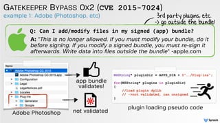 example 1: Adobe (Photoshop, etc)
GATEKEEPER BYPASS 0X2 (CVE 2015-7024)
Q: Can I add/modify files in my signed (app) bundle?
A: "This is no longer allowed. If you must modify your bundle, do it
before signing. If you modify a signed bundle, you must re-sign it
afterwards. Write data into ﬁles outside the bundle" -apple.com
app bundle
validates!
NSString* pluginDir = APPS_DIR + @"../Plug-ins";
for(NSString* plugins in pluginDir)
{
//load plugin dylib
// ->not validated, can unsigned
}
plugin loading pseudo code
not validatedAdobe Photoshop
3rd party plugins, etc.
-> go outside the bundle!
 