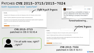 PATCHES CVE 2015-3715/2015-7024
both bypasses now "patched"
CVE 2015-3715
patched in OS X 10.10.4
CVE 2015-7024
patched in OS X 10.11.1
dylib hijack bypass
runtime bypass
“I’m all safe now, right?
…right?”
foreshadowing…
 