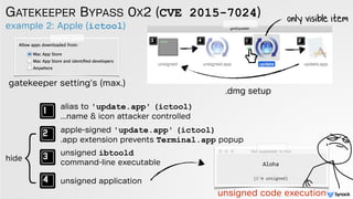 example 2: Apple (ictool)
GATEKEEPER BYPASS 0X2 (CVE 2015-7024)
gatekeeper setting's (max.)
alias to 'update.app' (ictool)...