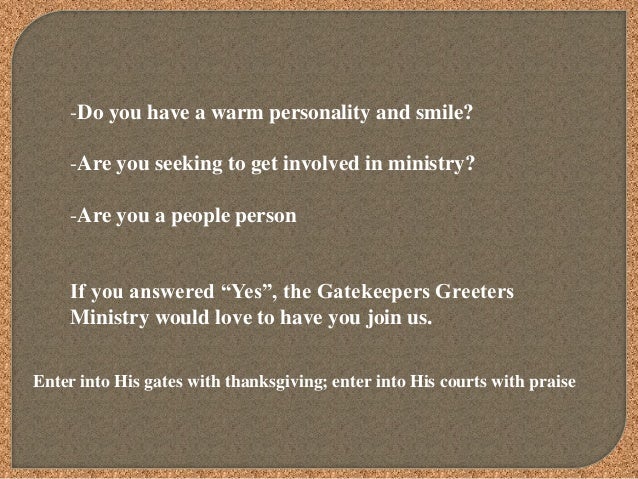 West Point Ms >> Gatekeepers greeters ministry 2 powerpoint West Point Ms >> Gatekeepers greeters ministry 2 powerpoint