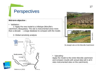 17
Perspectives
Mid-term objective :
● Validation :
1- Apply the new model to a hillslope (Morcille's
catchment, Beaujolais). The site is instrumented since more
than a decade → a large database to compare with the model.
2- Global sensitivity analysis
• Upscaling :
Apply the model to the entire Morcille catchment
and compare results with actual data (all in all 3
sites instrumented sites on the catchment).
Rabiet et al. (2015)
Boivin(2007)
St-Joseph site on the Morcille Catchment
 