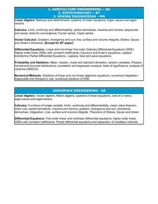 1. AGRICULTURE ENGINEERING – AG
2. BIOTECHNOLOGY – BT
3. MINING ENGINEERING - MN
Linear Algebra: Matrices and determinants, systems of linear equations, Eigen values and eigen
vectors.
Calculus: Limit, continuity and differentiability; partial derivatives; maxima and minima; sequences
and series; tests for convergence; Fourier series, Taylor series.
Vector Calculus: Gradient; divergence and curl; line; surface and volume integrals; Stokes, Gauss
and Green’s theorems. (Except for BT paper)
Differential Equations: Linear and non-linear first order Ordinary Differential Equations (ODE);
Higher order linear ODEs with constant coefficients; Cauchy’s and Euler’s equations; Laplace
transforms; Partial Differential Equations - Laplace, heat and wave equations.
Probability and Statistics: Mean, median, mode and standard deviation; random variables; Poisson,
normal and binomial distributions; correlation and regression analysis; tests of significance, analysis of
variance (ANOVA).
Numerical Methods: Solutions of linear and non-linear algebraic equations; numerical integration -
trapezoidal and Simpson’s rule; numerical solutions of ODE.
AEROSPACE ENGINEERING - AE
Linear Algebra: Vector algebra, Matrix algebra, systems of linear equations, rank of a matrix,
eigenvalues and eigenvectors.
Calculus: Functions of single variable, limits, continuity and differentiability, mean value theorem,
chain rule, partial derivatives, maxima and minima, gradient, divergence and curl, directional
derivatives. Integration, Line, surface and volume integrals. Theorems of Stokes, Gauss and Green.
Differential Equations: First order linear and nonlinear differential equations, higher order linear
ODEs with constant coefficients. Partial differential equations and separation of variables methods.
 