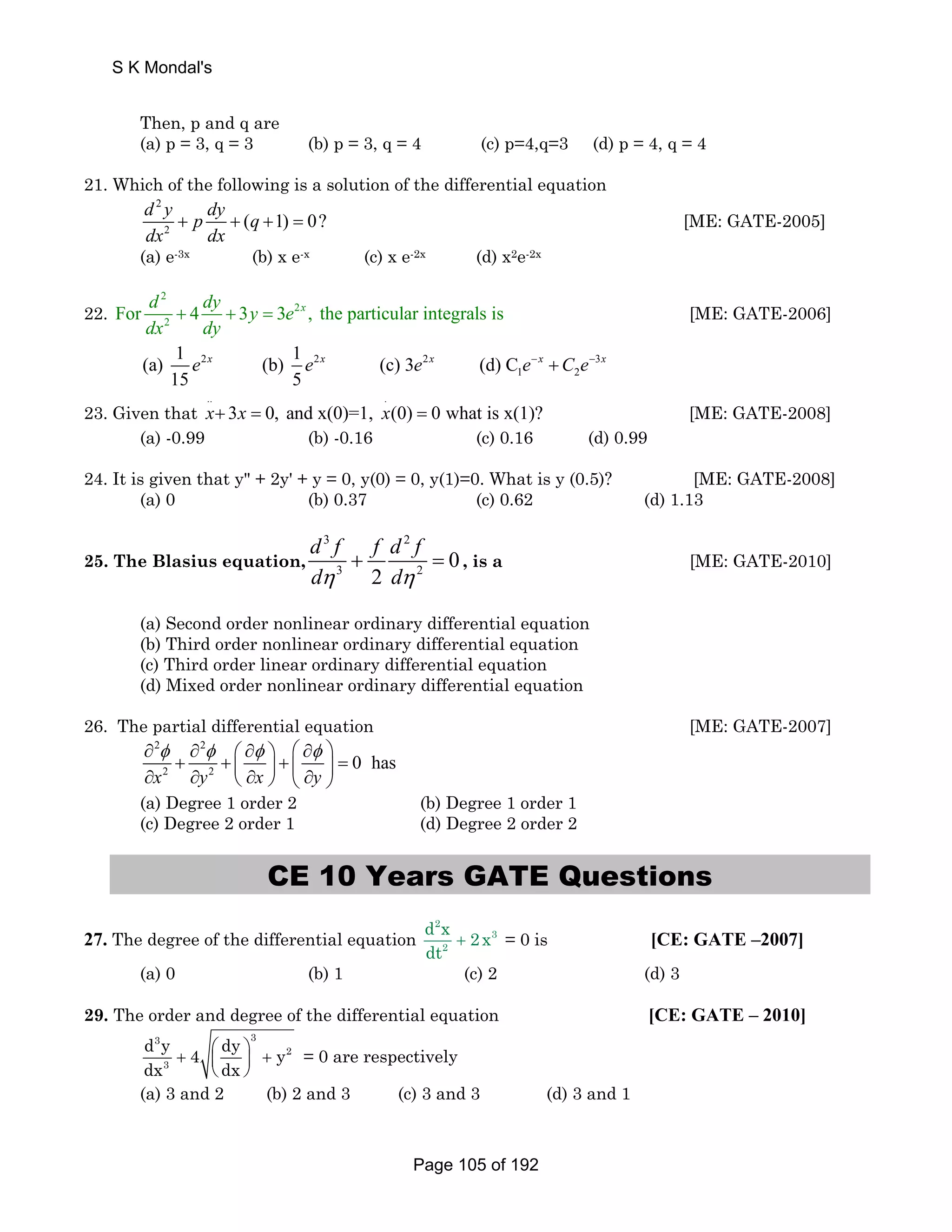 S K Mondal's 
Then, p and q are 
(a) p = 3, q = 3 (b) p = 3, q = 4 (c) p=4,q=3 (d) p = 4, q = 4 
21. Which of the following is a solution of the differential equation 
2 
2 d y p dy (q 1) 0? 
dx dx 
+ + + = [ME: GATE-2005] 
(a) e-3x (b) x e-x (c) x e-2x (d) x2e-2x 
22. 
2 
2 For d 4 dy 3y 3e x , the particular integrals is 
+ + = 2 
[ME: GATE-2006] 
dx dy 
(a) 1 (b) 1 (c) 3 (d) C 
e 2 x e 2 x e 2 x e−x +C e− 3 
x 
1 2 
15 5 
23. Given that 
.. . 
x+ 3x = 0, and x(0)=1, x(0) = 0 what is x(1)? [ME: GATE-2008] 
(a) -0.99 (b) -0.16 (c) 0.16 (d) 0.99 
24. It is given that y + 2y' + y = 0, y(0) = 0, y(1)=0. What is y (0.5)? [ME: GATE-2008] 
(a) 0 (b) 0.37 (c) 0.62 (d) 1.13 
25. The Blasius equation, 
3 2 
3 2 0 
d f f d f 
dη dη 
+ = , is a [ME: GATE-2010] 
2 
(a) Second order nonlinear ordinary differential equation 
(b) Third order nonlinear ordinary differential equation 
(c) Third order linear ordinary differential equation 
(d) Mixed order nonlinear ordinary differential equation 
26. The partial differential equation [ME: GATE-2007] 
2 2 
2 2 0 has 
x y x y 
∂ φ ∂ φ ⎛ ∂φ ⎞ ⎛ ∂φ ⎞ + + ⎜ ⎟ + ⎜ ⎟ = ∂ ∂ ⎝ ∂ ⎠ ⎝ ∂ ⎠ 
(a) Degree 1 order 2 (b) Degree 1 order 1 
(c) Degree 2 order 1 (d) Degree 2 order 2 
CE 10 Years GATE Questions 
27. The degree of the differential equation 
d 2 
x + 2x 
3 
= 0 is dt [CE: GATE –2007] 
2 
(a) 0 (b) 1 (c) 2 (d) 3 
29. The order and degree of the differential equation [CE: GATE – 2010] 
3 3 
2 
d y dy dx + 4 ⎛ ⎞ ⎜ ⎟ 
+ y 
3 
⎝ dx 
⎠ 
= 0 are respectively 
(a) 3 and 2 (b) 2 and 3 (c) 3 and 3 (d) 3 and 1 
Page 105 of 192 
 