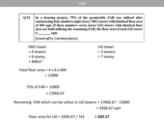 FAR
MIG tower
= 4 towers
= 8 storey
= 400m2
LIG tower
= 3 towers
= 7 storey
75% of FAR = 12800
Remaining FAR which can be utilize in LIG towers = 17066.67 - 12800
Total floor area = 4 x 8 x 400
= 12800
= 17066.67
= 4266.67 sqm
Floor area for LIG = 4266.67 / 7x3 = 203.17
 