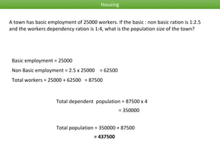 Housing
A town has basic employment of 25000 workers. If the basic : non basic ration is 1:2.5
and the workers dependency ration is 1:4, what is the population size of the town?
Basic employment = 25000
Non Basic employment = 2.5 x 25000 = 62500
Total dependent population = 87500 x 4
Total workers = 25000 + 62500 = 87500
= 350000
Total population = 350000 + 87500
= 437500
 