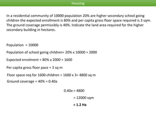 Housing
In a residential community of 10000 population 20% are higher secondary school going
children the expected enrollment is 80% and per capita gross floor space required is 3 sqm.
The ground coverage permissibly is 40%. Indicate the land area required for the higher
secondary building in hectares.
Expected enrolment = 80% x 2000 = 1600
Population = 10000
Population of school going children= 20% x 10000 = 2000
Per capita gross floor pace = 3 sq m
= 1.2 Ha
0.40a = 4800
= 12000 sqm
Floor space req for 1600 children = 1600 x 3= 4800 sq m
Ground coverage = 40% = 0.40a
 