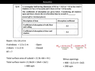 Room = 8 x 14 x 4 m
4 windows = 1.5 x 1 m
2 doors = 1 x 2 m - Closed
- Open
RT = ?
Total surface area of cuboid = 2 ( lb +bh + hl )
Total surface room= 2 ( 8x14 + 14x4 + 2x2 )
= 400 sqm
Minus openings
= 400 – (1.5 x 4 + 2x2)
= 390 sqm
Acoustics
 
