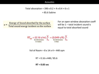 Vol of Room = 8 x 14 x 4 = 448 sqm
Total absorption = 390 x 0.2 + 4 x 0.4 + 6 x 1
= 85.6 Sabine
For an open window absorption coeff
will be 1 – total incident sound is
equal to total absorbed sound
RT = 0.16 x 448 / 85.6
RT = 0.83 sec
Acoustics
 