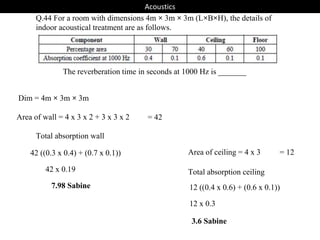 Q.44 For a room with dimensions 4m × 3m × 3m (L×B×H), the details of
indoor acoustical treatment are as follows.
The reverberation time in seconds at 1000 Hz is _______
Dim = 4m × 3m × 3m
Area of wall = 4 x 3 x 2 + 3 x 3 x 2 = 42
42 ((0.3 x 0.4) + (0.7 x 0.1))
42 x 0.19
7.98 Sabine
Area of ceiling = 4 x 3 = 12
12 ((0.4 x 0.6) + (0.6 x 0.1))
12 x 0.3
3.6 Sabine
Total absorption wall
Total absorption ceiling
Acoustics
 