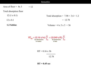 Area of floor = 4x 3 = 12
12 (1 x 0.1)
12 x 0.1
1.2 Sabine
Total absorption floor
RT = 0.16 x 36
------------
12.78
Total absorption = 7.98 + 3.6 + 1.2
RT = 0.45 sec
= 12.78
Volume = 4 x 3 x 3 = 36
Acoustics
 