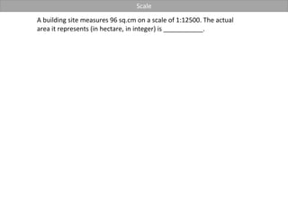 A building site measures 96 sq.cm on a scale of 1:12500. The actual
area it represents (in hectare, in integer) is ___________.
Scale
 