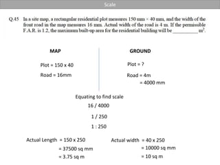 MAP GROUND
Plot = 150 x 40
Road = 16mm Road = 4m
= 4000 mm
16 / 4000
Equating to find scale
1 / 250
1 : 250
Actual Length = 150 x 250 Actual width = 40 x 250
= 37500 sq mm
= 3.75 sq m
= 10000 sq mm
= 10 sq m
Plot = ?
Scale
 