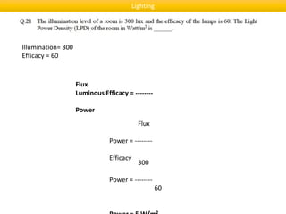 Flux
Luminous Efficacy = --------
Power
Flux
Power = --------
Efficacy
Illumination= 300
Efficacy = 60
300
Power = --------
60
Lighting
 