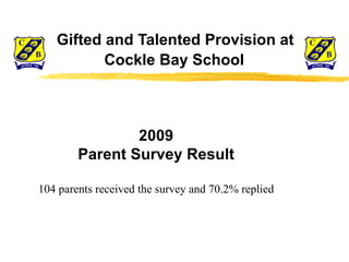   Gifted and Talented Provision at    Cockle Bay School 2009 Parent Survey Result 104 parents received the survey and 70.2% replied 