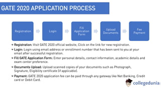 GATE 2020 APPLICATION PROCESS
Registration: Visit GATE 2020 official website, Click on the link for new registration.
Login: Login using email address or enrollment number that has been sent to you at your
email after successful registration.
Fill GATE Application Form: Enter personal details, contact information, academic details and
exam center preference.
Documents Upload: Upload scanned copies of your documents such as Photograph,
Signature, Eligibility certificate (if applicable).
Payment: GATE 2020 application fee can be paid through any gateway like Net Banking, Credit
card or Debit Card.
Registration Login
Fill
Application
Form
Upload
Documents
Fee
Payment
 