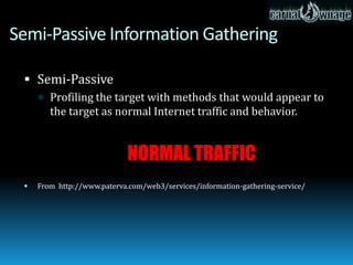 Active Information Gathering

  Active
      This type of profiling should be detected by the target
       organization...