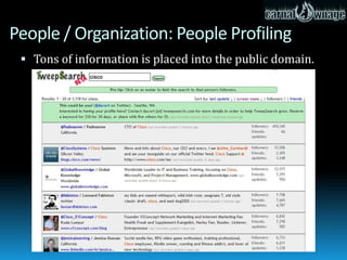 People / Organization: People Profiling Tools

   Tools to get it done
     Maltego
     Maltego Mesh
     knowem.com
...