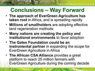 Conclusions – Way Forward
• The approach of EverGreen Agriculture has
taken root in Africa, and is spreading rapidly
• Millions of smallholders are adopting effective
land regeneration methods
• Many nations are creating the policy and
institutional environments to favor adoption
• The Gates Foundation could be an
instrumental partner in expanding the scope for
EverGreen Agriculture in Africa
• The African CSA Alliance provides a great
platform to reach 25 million farmers with
EverGreen Agriculture during the coming decade
 