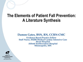 The Elements of Patient Fall Prevention: A Literature Synthesis Damon Gates, BSN, RN, CCRN-CMC Evidence-Based Practice Fellow Staff Nurse, H4200 Medical Cardiac Intensive Care Heart Hospital Abbott Northwestern Hospital Minneapolis, MN 