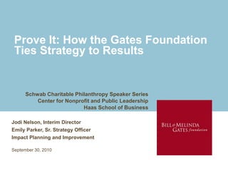Prove It: How the Gates Foundation Ties Strategy to Results Schwab Charitable Philanthropy Speaker Series Center for Nonprofit and Public Leadership Haas School of Business Jodi Nelson, Interim Director Emily Parker, Sr. Strategy Officer Impact Planning and Improvement September 30, 2010 
