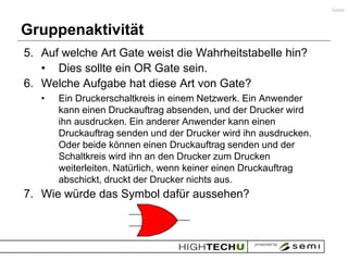 Gates



Gruppenaktivität
5. Auf welche Art Gate weist die Wahrheitstabelle hin?
   • Dies sollte ein OR Gate sein.
6. Welche Aufgabe hat diese Art von Gate?
   •   Ein Druckerschaltkreis in einem Netzwerk. Ein Anwender
       kann einen Druckauftrag absenden, und der Drucker wird
       ihn ausdrucken. Ein anderer Anwender kann einen
       Druckauftrag senden und der Drucker wird ihn ausdrucken.
       Oder beide können einen Druckauftrag senden und der
       Schaltkreis wird ihn an den Drucker zum Drucken
       weiterleiten. Natürlich, wenn keiner einen Druckauftrag
       abschickt, druckt der Drucker nichts aus.
7. Wie würde das Symbol dafür aussehen?
 