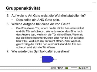 Gates



Gruppenaktivität
5. Auf welche Art Gate weist die Wahrheitstabelle hin?
   • Dies sollte ein AND Gate sein.
6. Welche Aufgabe hat diese Art von Gate?
   •   Du öffnest eine Tür, indem du die Klinke herunterdrückst
       und die Tür aufschiebst. Wenn du weder das Eine noch
       das Andere tust, wird sich die Tür nicht öffnen. Wenn du
       nur die Klinke herunterdrücken oder nur die Tür aufschie-
       ben willst, wird sich die Tür nicht öffnen. Aber wenn du
       gleichzeitig die Klinke herunterdrückst und die Tür auf-
       schiebst wird sich die Tür öffnen
7. Wie würde das Symbol dafür aussehen?
 