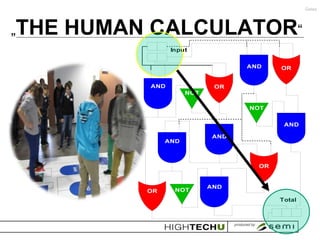 Gates




„THE   HUMAN CALCULATOR“
                   Input

                                    AND    OR


             AND              OR
                       NOT

                                    NOT

                                            AND

                              AND
                 AND



                                      OR


                             AND
            OR      NOT
                                           Total
 