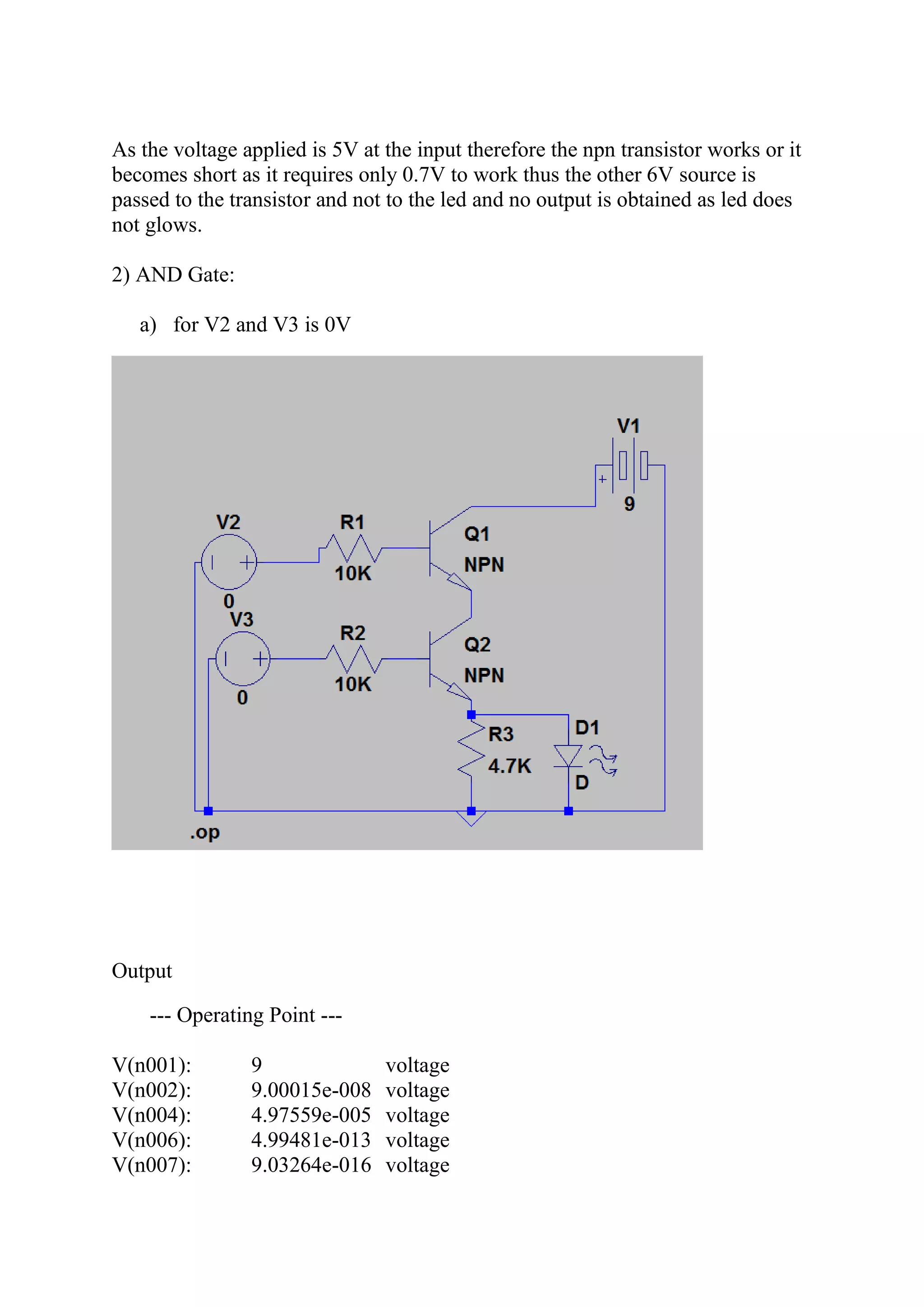 As the voltage applied is 5V at the input therefore the npn transistor works or it
becomes short as it requires only 0.7V to work thus the other 6V source is
passed to the transistor and not to the led and no output is obtained as led does
not glows.
2) AND Gate:
a) for V2 and V3 is 0V
Output
--- Operating Point ---
V(n001): 9 voltage
V(n002): 9.00015e-008 voltage
V(n004): 4.97559e-005 voltage
V(n006): 4.99481e-013 voltage
V(n007): 9.03264e-016 voltage
 