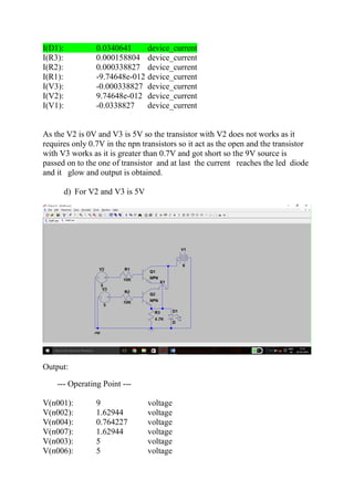 I(D1): 0.0340641 device_current
I(R3): 0.000158804 device_current
I(R2): 0.000338827 device_current
I(R1): -9.74648e-012 device_current
I(V3): -0.000338827 device_current
I(V2): 9.74648e-012 device_current
I(V1): -0.0338827 device_current
As the V2 is 0V and V3 is 5V so the transistor with V2 does not works as it
requires only 0.7V in the npn transistors so it act as the open and the transistor
with V3 works as it is greater than 0.7V and got short so the 9V source is
passed on to the one of transistor and at last the current reaches the led diode
and it glow and output is obtained.
d) For V2 and V3 is 5V
Output:
--- Operating Point ---
V(n001): 9 voltage
V(n002): 1.62944 voltage
V(n004): 0.764227 voltage
V(n007): 1.62944 voltage
V(n003): 5 voltage
V(n006): 5 voltage
 