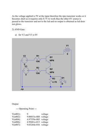 As the voltage applied is 5V at the input therefore the npn transistor works or it
becomes short as it requires only 0.7V to work thus the other 6V source is
passed to the transistor and not to the led and no output is obtained as led does
not glows.
2) AND Gate:
a) for V2 and V3 is 0V
Output
--- Operating Point ---
V(n001): 9 voltage
V(n002): 9.00015e-008 voltage
V(n004): 4.97559e-005 voltage
V(n006): 4.99481e-013 voltage
V(n007): 9.03264e-016 voltage
 