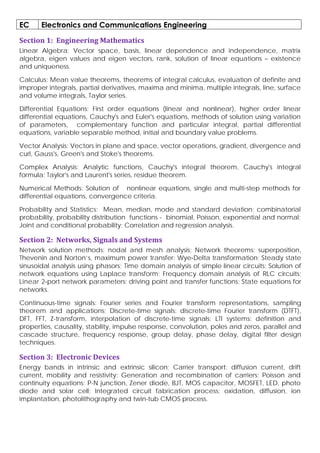 EC Electronics and Communications Engineering
Section 1: Engineering Mathematics
Linear Algebra: Vector space, basis, linear dependence and independence, matrix
algebra, eigen values and eigen vectors, rank, solution of linear equations – existence
and uniqueness.
Calculus: Mean value theorems, theorems of integral calculus, evaluation of definite and
improper integrals, partial derivatives, maxima and minima, multiple integrals, line, surface
and volume integrals, Taylor series.
Differential Equations: First order equations (linear and nonlinear), higher order linear
differential equations, Cauchy's and Euler's equations, methods of solution using variation
of parameters, complementary function and particular integral, partial differential
equations, variable separable method, initial and boundary value problems.
Vector Analysis: Vectors in plane and space, vector operations, gradient, divergence and
curl, Gauss's, Green's and Stoke's theorems.
Complex Analysis: Analytic functions, Cauchy's integral theorem, Cauchy's integral
formula; Taylor's and Laurent's series, residue theorem.
Numerical Methods: Solution of nonlinear equations, single and multi-step methods for
differential equations, convergence criteria.
Probability and Statistics: Mean, median, mode and standard deviation; combinatorial
probability, probability distribution functions - binomial, Poisson, exponential and normal;
Joint and conditional probability; Correlation and regression analysis.
Section 2: Networks, Signals and Systems
Network solution methods: nodal and mesh analysis; Network theorems: superposition,
Thevenin and Norton’s, maximum power transfer; Wye‐Delta transformation; Steady state
sinusoidal analysis using phasors; Time domain analysis of simple linear circuits; Solution of
network equations using Laplace transform; Frequency domain analysis of RLC circuits;
Linear 2‐port network parameters: driving point and transfer functions; State equations for
networks.
Continuous-time signals: Fourier series and Fourier transform representations, sampling
theorem and applications; Discrete-time signals: discrete-time Fourier transform (DTFT),
DFT, FFT, Z-transform, interpolation of discrete-time signals; LTI systems: definition and
properties, causality, stability, impulse response, convolution, poles and zeros, parallel and
cascade structure, frequency response, group delay, phase delay, digital filter design
techniques.
Section 3: Electronic Devices
Energy bands in intrinsic and extrinsic silicon; Carrier transport: diffusion current, drift
current, mobility and resistivity; Generation and recombination of carriers; Poisson and
continuity equations; P-N junction, Zener diode, BJT, MOS capacitor, MOSFET, LED, photo
diode and solar cell; Integrated circuit fabrication process: oxidation, diffusion, ion
implantation, photolithography and twin-tub CMOS process.
 