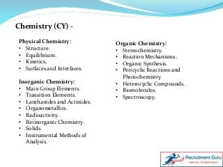 Chemistry (CY) -
Physical Chemistry:
• Structure.
• Equilibrium.
• Kinetics.
• Surfaces and Interfaces.
Inorganic Chemistry:
• Main Group Elements.
• Transition Elements.
• Lanthanides and Actinides.
• Organometallics.
• Radioactivity.
• Bioinorganic Chemistry.
• Solids.
• Instrumental Methods of
Analysis.
Organic Chemistry:
• Stereochemistry.
• Reaction Mechanisms.
• Organic Synthesis.
• Pericyclic Reactions and
Photochemistry.
• Heterocyclic Compounds.
• Biomolecules.
• Spectroscopy.
 