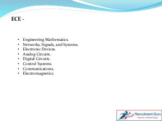 ECE -
• Engineering Mathematics.
• Networks, Signals, and Systems.
• Electronic Devices.
• Analog Circuits.
• Digital Circuits.
• Control Systems.
• Communications.
• Electromagnetics.
 