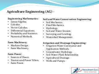 Agriculture Engineering (AG) -
Engineering Mathematics:
• Linear Algebra.
• Calculus.
• Vector Calculus.
• Differential Equations.
• Probability and Statistics.
• Numerical Methods.
Farm Machinery:
• Machine Design.
• Farm Machinery.
Farm Power:
• Sources of Power.
• Tractors and Power Tillers.
• Farm Power.
Soil and Water Conservation Engineering:
• Soil Mechanics.
• Fluid Mechanics.
• Hydrology.
• Soil and Water Erosion.
• Surveying and Leveling.
• Watershed Management.
Irrigation and Drainage Engineering:
• Irrigation Water Conveyance and
Application Methods.
• Groundwater Hydrology.
• Soil-Water-Plant Relationship.
• Agricultural Drainage.
• Wells and Pumps.
 