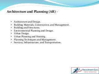 Architecture and Planning (AR) -
• Architecture and Design.
• Building Materials, Construction, and Management.
• Building and Structures.
• Environmental Planning and Design.
• Urban Design.
• Urban Planning and Housing.
• Planning Techniques and Management.
• Services, Infrastructure, and Transportation.
 