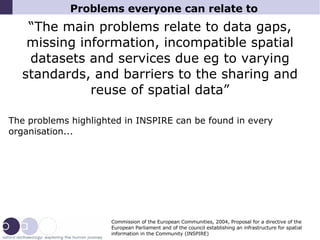 Problems everyone can relate to “ The main problems relate to data gaps, missing information, incompatible spatial datasets and services due eg to varying standards, and barriers to the sharing and reuse of spatial data” The problems highlighted in INSPIRE can be found in every organisation... Commission of the European Communities, 2004, Proposal for a directive of the European Parliament and of the council establishing an infrastructure for spatial information in the Community (INSPIRE)‏ 