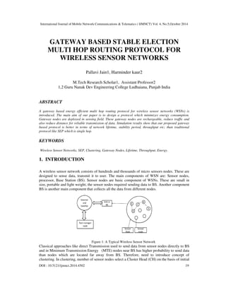 International Journal of Mobile Network Communications & Telematics ( IJMNCT) Vol. 4, No.5,October 2014 
GATEWAY BASED STABLE ELECTION 
MULTI HOP ROUTING PROTOCOL FOR 
WIRELESS SENSOR NETWORKS 
DOI : 10.5121/ijmnct.2014.4502 
Pallavi Jain1, Harminder kaur2 
M.Tech Research Scholar1, Assistant Professor2 
1,2 Guru Nanak Dev Engineering College Ludhaiana, Punjab India 
ABSTRACT 
A gateway based energy efficient multi hop routing protocol for wireless sensor networks (WSNs) is 
introduced. The main aim of our paper is to design a protocol which minimizes energy consumption. 
Gateway nodes are deployed in sensing field. These gateway 
also reduce distance for reliable transmission of data. 
based protocol is better in terms of network lifetime 
protocol like SEP which is single hop 
KEYWORDS 
hop. 
Wireless Sensor Networks, SEP, Clustering 
1. INTRODUCTION 
nodes are rechargeable, reduce traffic and 
Simulation results show that our proposed gateway 
lifetime, stability period, throughput etc; than 
Clustering, Gateway Nodes, Lifetime, Throughput, Energy. 
traditional 
A wireless sensor network consists of hundreds and thousands of micro sensors nodes. These are 
designed to sense data, transmit it to user. user 
The main components of WSN are: Sensor nodes, 
processor, Base Station (BS). Sensor nodes are basic component of WSNs. These are small in 
size, portable and light weight; the sensor nodes required sending data to BS. Another Ano 
component 
BS is another main component that collects all the data from different nodes. 
Figure 1: A Typical Wireless Sensor Network 
Classical approaches like direct Transmission used to send data from sensor nodes directly to BS 
and in Minimum Transmission Energy (MTE) nodes near BS has higher probability to send data 
than nodes which are located far away from BS. Therefore, need to 
introduce concept of 
clustering. lustering. In clustering, number of sensor nodes select a Cluster Head (CH) on the basis of 
19 
ther initial 
 