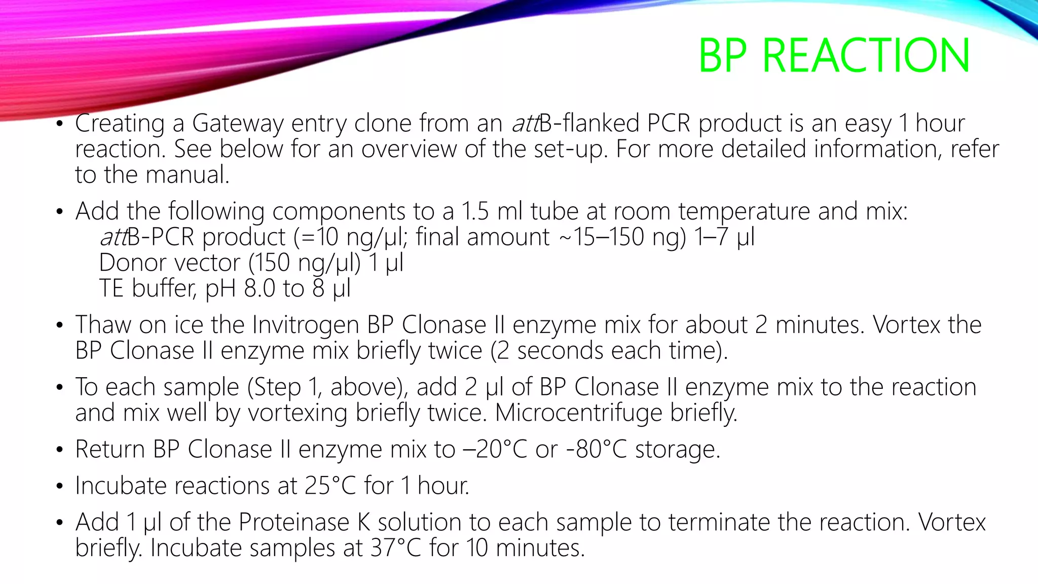 BP REACTION
• Creating a Gateway entry clone from an attB-flanked PCR product is an easy 1 hour
reaction. See below for an overview of the set-up. For more detailed information, refer
to the manual.
• Add the following components to a 1.5 ml tube at room temperature and mix:
attB-PCR product (=10 ng/µl; final amount ~15–150 ng) 1–7 µl
Donor vector (150 ng/µl) 1 µl
TE buffer, pH 8.0 to 8 µl
• Thaw on ice the Invitrogen BP Clonase II enzyme mix for about 2 minutes. Vortex the
BP Clonase II enzyme mix briefly twice (2 seconds each time).
• To each sample (Step 1, above), add 2 µl of BP Clonase II enzyme mix to the reaction
and mix well by vortexing briefly twice. Microcentrifuge briefly.
• Return BP Clonase II enzyme mix to –20°C or -80°C storage.
• Incubate reactions at 25°C for 1 hour.
• Add 1 µl of the Proteinase K solution to each sample to terminate the reaction. Vortex
briefly. Incubate samples at 37°C for 10 minutes.
 