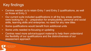 Key findings
• Centres wanted us to retain Entry 1 and Entry 2 qualifications, as well
as those at Entry 3
• Our current suite included qualifications in all the key areas centres
were looking for, i.e. - preparation for employability, personal and social
skills, learning skills and enterprise; no need for any new titles
• Some qualifications would benefit from additional units
• Some units needed re-focusing or updating
• Centres need more advice/support material to help them understand
the flexibility of our qualifications and the distinctiveness of our
assessment approach
 