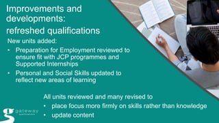 Improvements and
developments:
refreshed qualifications
New units added:
• Preparation for Employment reviewed to
ensure fit with JCP programmes and
Supported Internships
• Personal and Social Skills updated to
reflect new areas of learning
All units reviewed and many revised to
• place focus more firmly on skills rather than knowledge
• update content
 