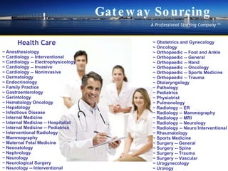~ Obstetrics and Gynecology ~ Oncology ~ Orthopaedic -- Foot and Ankle ~ Orthopaedic -- General ~ Orthopaedic -- Hand ~ Orthopaedic -- Oncology ~ Orthopaedic -- Sports Medicine ~ Orthopaedic -- Trauma ~ Otolaryngology ~ Pathology ~ Pediatrics ~ Physiatrist ~ Pulmonology ~ Radiology -- ER ~ Radiology -- Mammography ~ Radiology -- MRI ~ Radiology -- Neurology ~ Radiology -- Neuro Interventional ~ Rheumatology ~ Sports Medicine ~ Surgery -- General ~ Surgery -- Spine ~ Surgery -- Trauma ~ Surgery -- Vascular ~ Urogynecology ~ Urology? ~   Anesthesiology ~ Cardiology -- Interventional ~ Cardiology -- Electrophysicology ~ Cardiology -- Invasive ~ Cardiology -- Noninvasive ~ Dermatology ~ Endocrinology ~ Family Practice ~ Gastroenterology ~ Gerintology ~ Hematology Oncology ~ Hepatology ~ Infectious Disease ~ Internal Medicine ~ Internal Medicine -- Hospitalist ~ Internal Medicine -- Pediatrics  ~ Interventional Radiology  ~ Mammography ~ Maternal Fetal Medicine ~ Neonatology ~ Nephrology ~ Neurology ~ Neurological Surgery ~ Neurology -- Interventional Health Care Gateway Sourcing A Professional Staffing Company  ? 