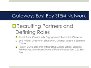 Gateways East Bay STEM Network

Recruiting Partners and
 Defining Roles
  Janet Auer, Community Engagement Specialist, Chevron
  Etta Heber, Director of Education, Chabot Space & Science
   Center
  Robert Curtis, Director, Integrated Middle School Science
   Partnership, Alameda County Office of Education, CSU East
   Bay
 
