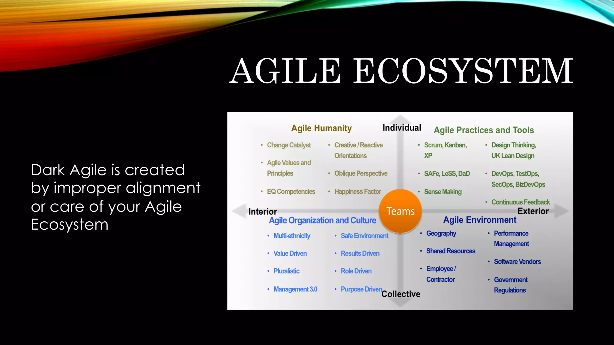 AGILE ECOSYSTEM
Dark Agile is created
by improper alignment
or care of your Agile
Ecosystem
 