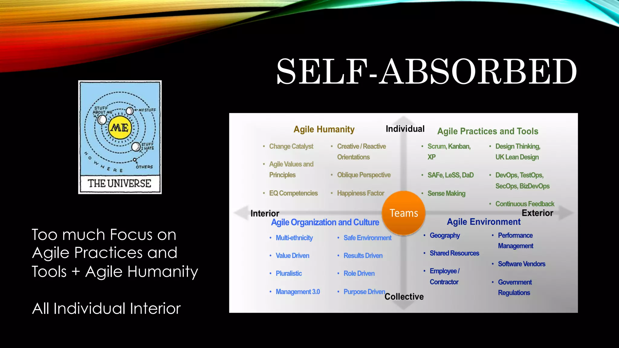 SELF-ABSORBED
Too much Focus on
Agile Practices and
Tools + Agile Humanity
All Individual Interior
 