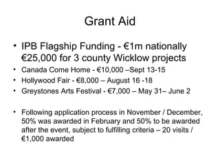 Grant Aid
• IPB Flagship Funding - €1m nationally
€25,000 for 3 county Wicklow projects
• Canada Come Home - €10,000 –Sept 13-15
• Hollywood Fair - €8,000 – August 16 -18
• Greystones Arts Festival - €7,000 – May 31– June 2
• Following application process in November / December,
50% was awarded in February and 50% to be awarded
after the event, subject to fulfilling criteria – 20 visits /
€1,000 awarded
 
