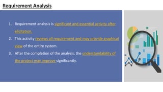 Requirement Analysis
1. Requirement analysis is significant and essential activity after
elicitation.
2. This activity reviews all requirement and may provide graphical
view of the entire system.
3. After the completion of the analysis, the understandability of
the project may improve significantly.
 