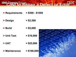 Cost to Repair a Defect or Error
> Requirements   = $500 - $1000


> Design         = $2,500


> Build          = $5,000


> Unit Test      = $10,000


> UAT            = $25,000


> Maintenance    = $100,000
 
