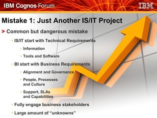 Mistake 1: Just Another IS/IT Project
> Common but dangerous mistake
   • IS/IT start with Technical Requirements
       • Information
       • Tools and Software

   • BI start with Business Requirements
       • Alignment and Governance
       • People, Processes
         and Culture
       • Support, SLAs
         and Capabilities

   • Fully engage business stakeholders
   • Large amount of “unknowns”
 