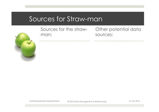 Sources for Straw-man
           Sources for the straw-                          Other potential data
           man:                                            sources:




Gathering Business Requirements   © 2010 Data Management & Warehousing   21 Jan 2010
 